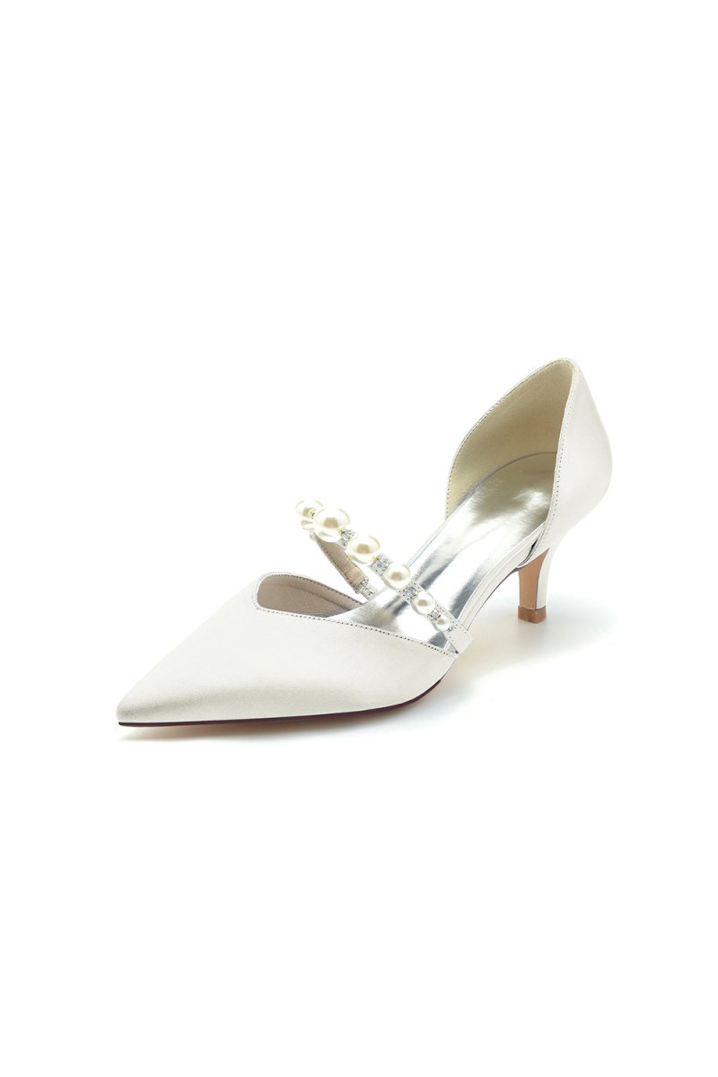 Elegant Satin Pointed Toe Heels with Pearl Strap - KissProm