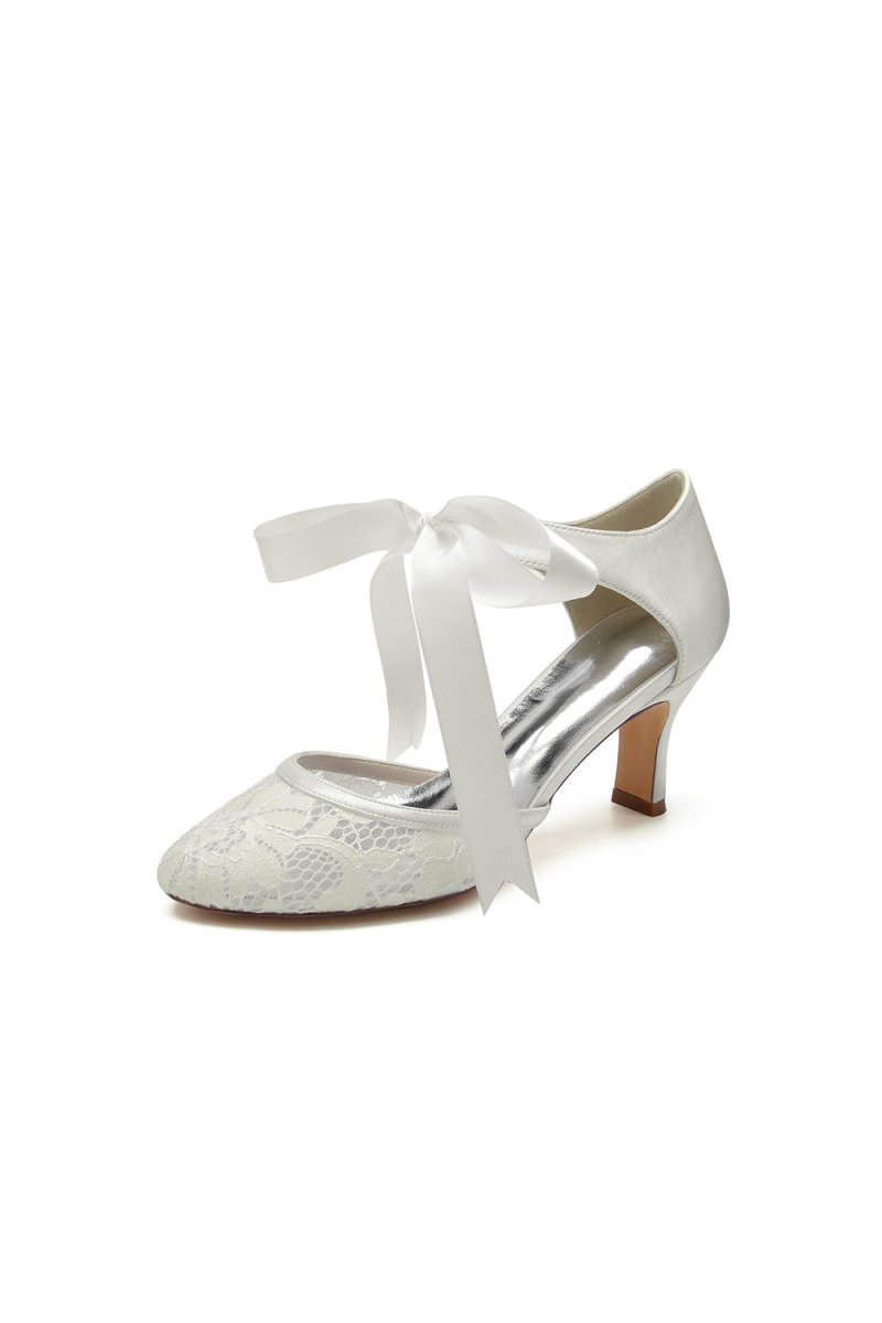 Elegant White Lace High Heels with Bow Accent - KissProm