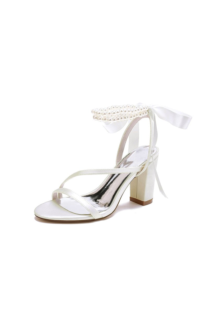 Pearl Open Toe Ankle Strap High Heels - KissProm