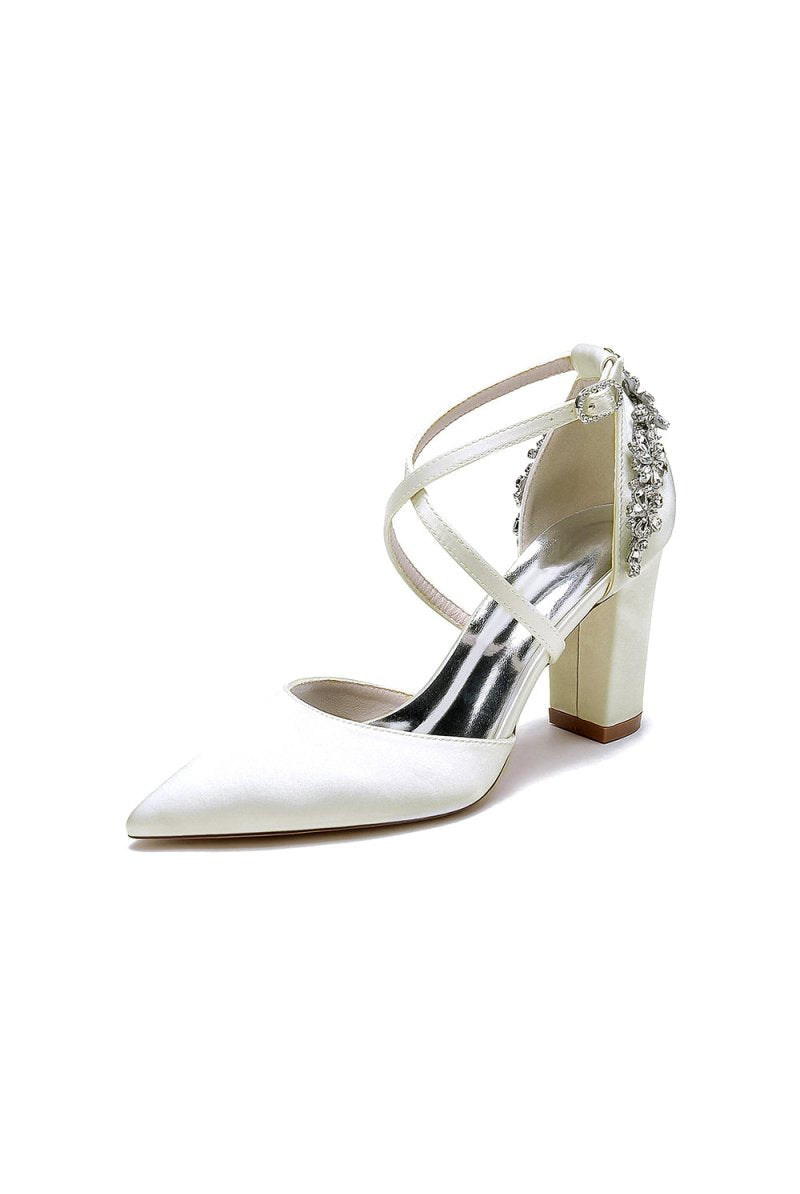 White Satin Pump with Cross - Strap and Metal Accent - KissProm