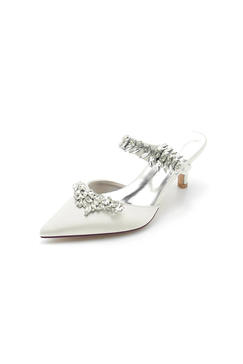 Satin Pointed Toe Mules with Crystal Rhinestone - KissProm