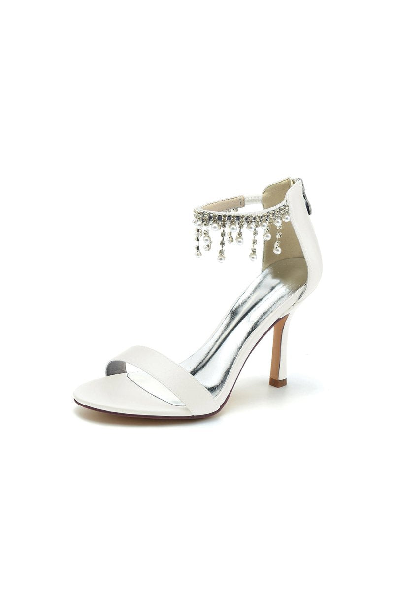 Glamorous White Leather High Heels with Silver Chain Accent - KissProm