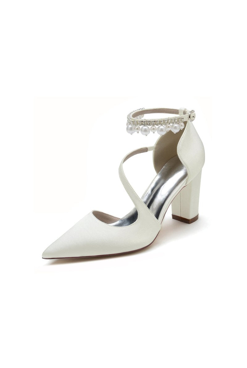 White Satin Heels with Cross - Strap Design and Pearl - Accented Buckle - KissProm