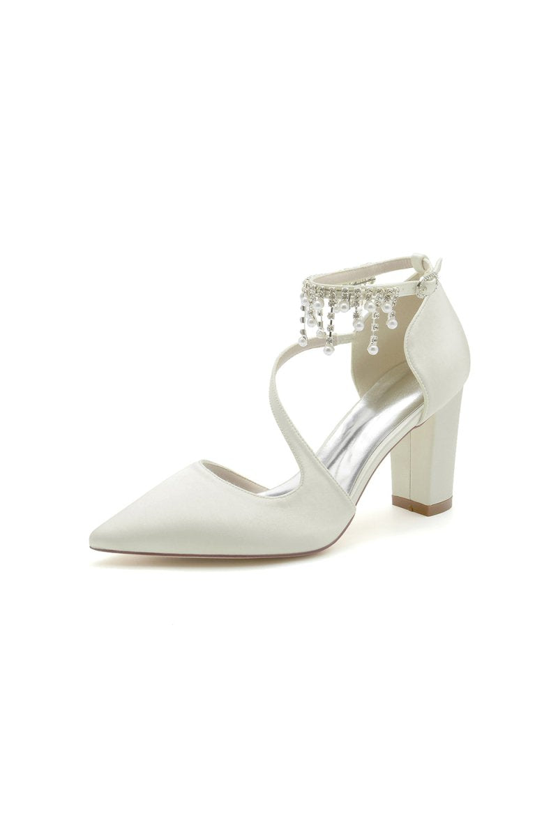 White Satin Pump with Pearl - Embedded Chain Heel - KissProm