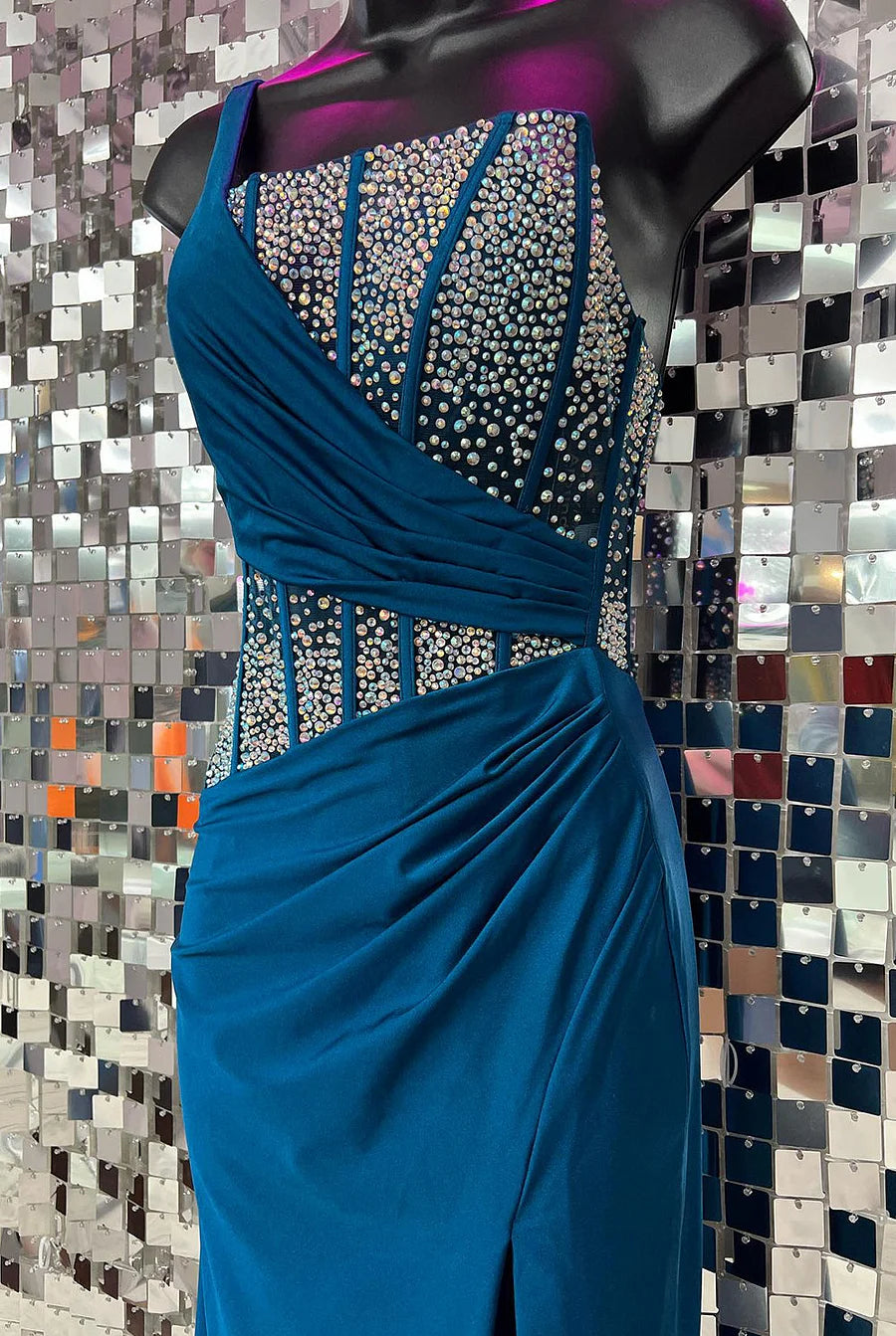 Laylani | Blue Mermaid One Shoulder Long Prom Dresses with Beaded