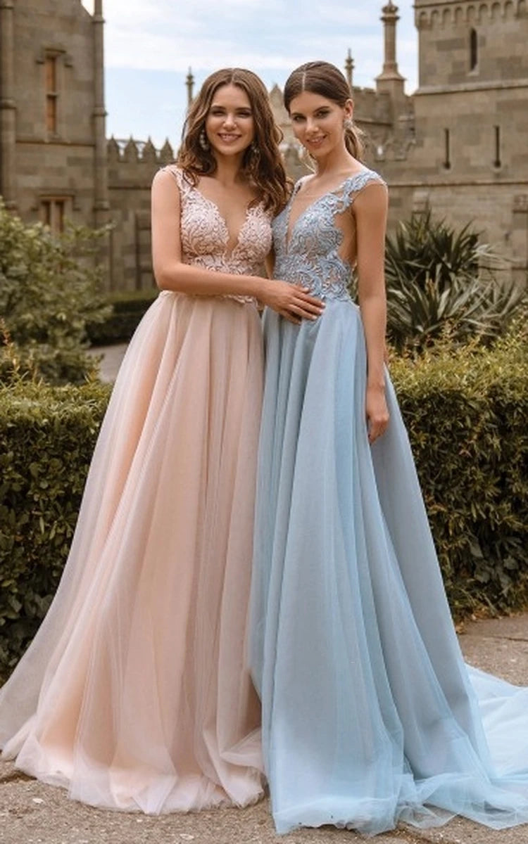 Lace V Neck Bridesmaid Dresses Sexy Illusion Back Tulle Dresses