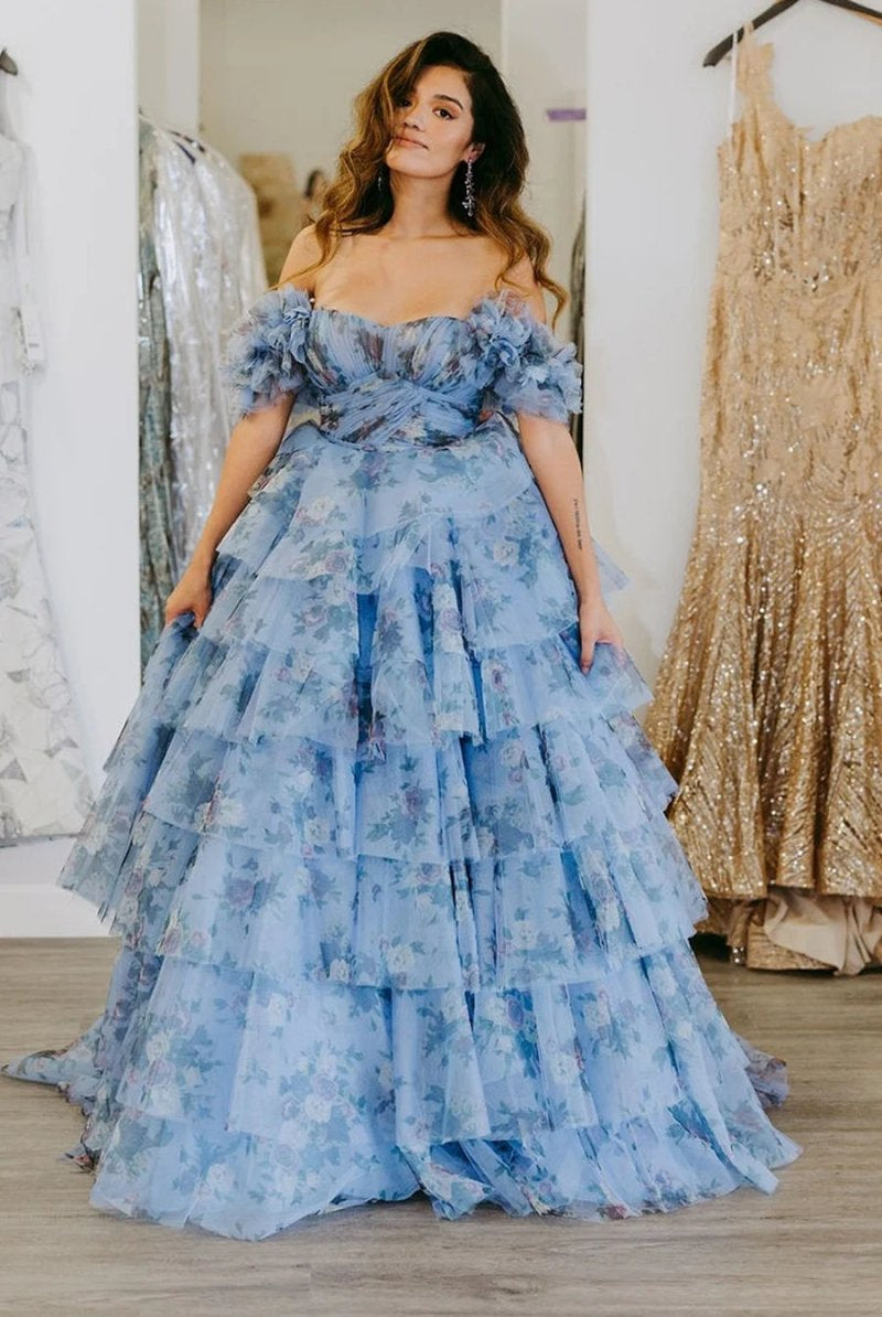 Sigourney | Blue Floral Tiered A-Line Long Prom Dress with Ruffles