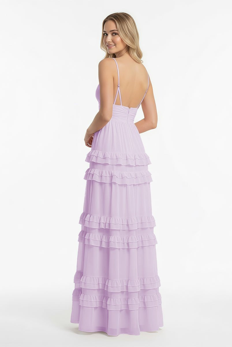 Decebal | A Line Pink Chiffon Tiered Ruffles Long Prom Dress - KissProm