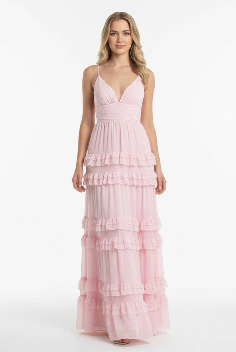 KissPorm-Decebal A Line Pink Chiffon Tiered Ruffles Long Prom Dress
