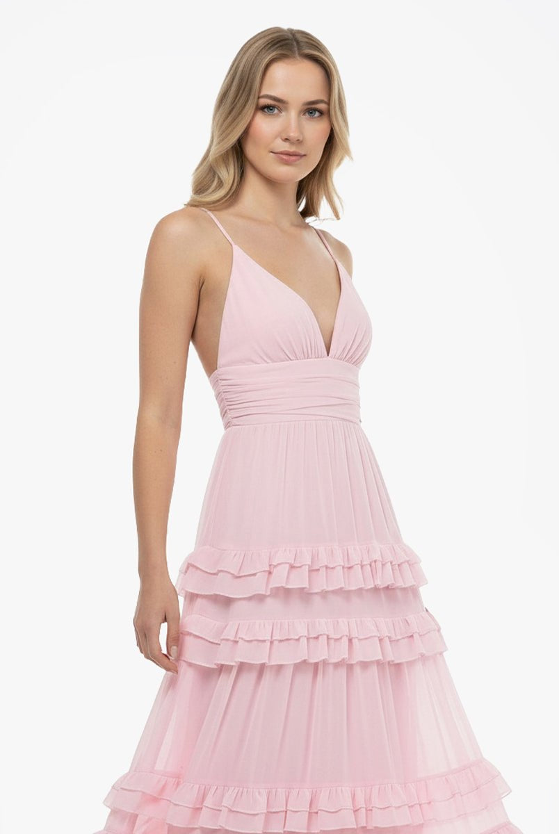 KissPorm-Decebal A Line Pink Chiffon Tiered Ruffles Long Prom Dress