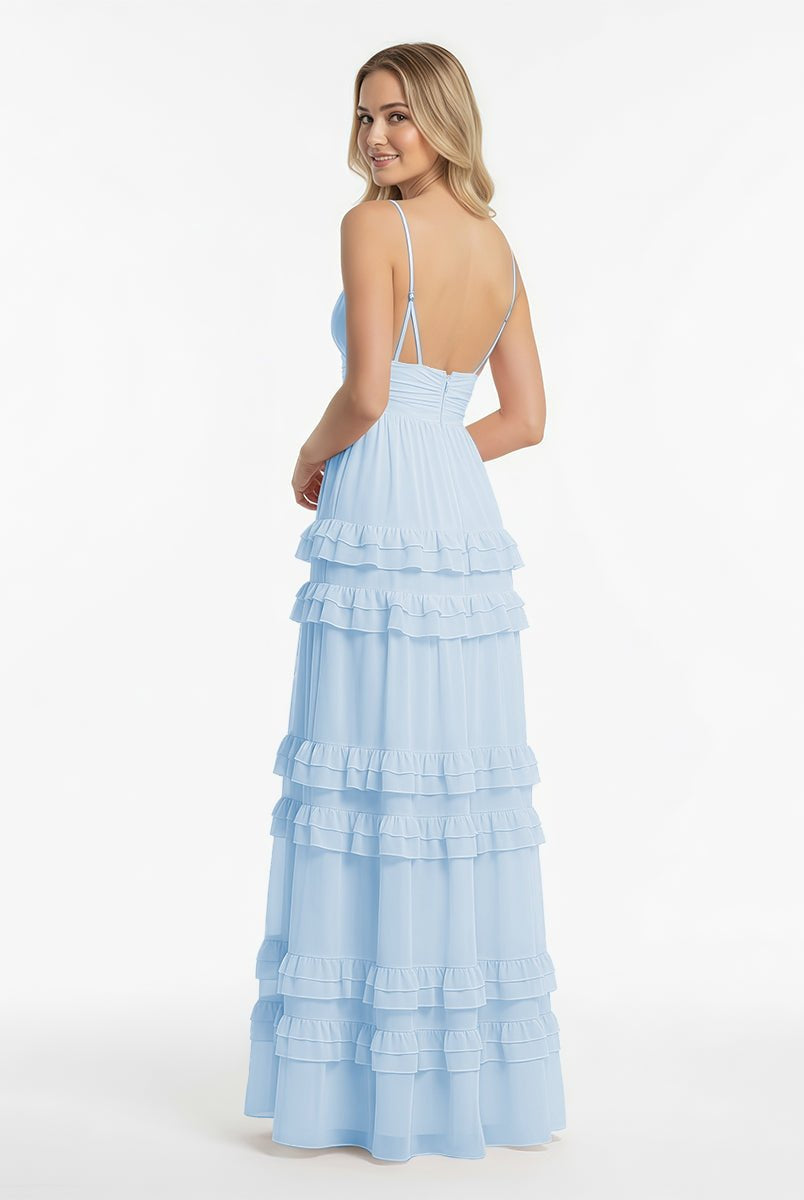 Decebal | A Line Pink Chiffon Tiered Ruffles Long Prom Dress - KissProm