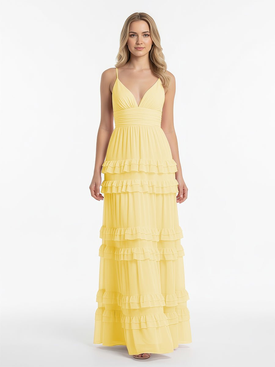 Decebal | A Line Pink Chiffon Tiered Ruffles Long Prom Dress - KissProm