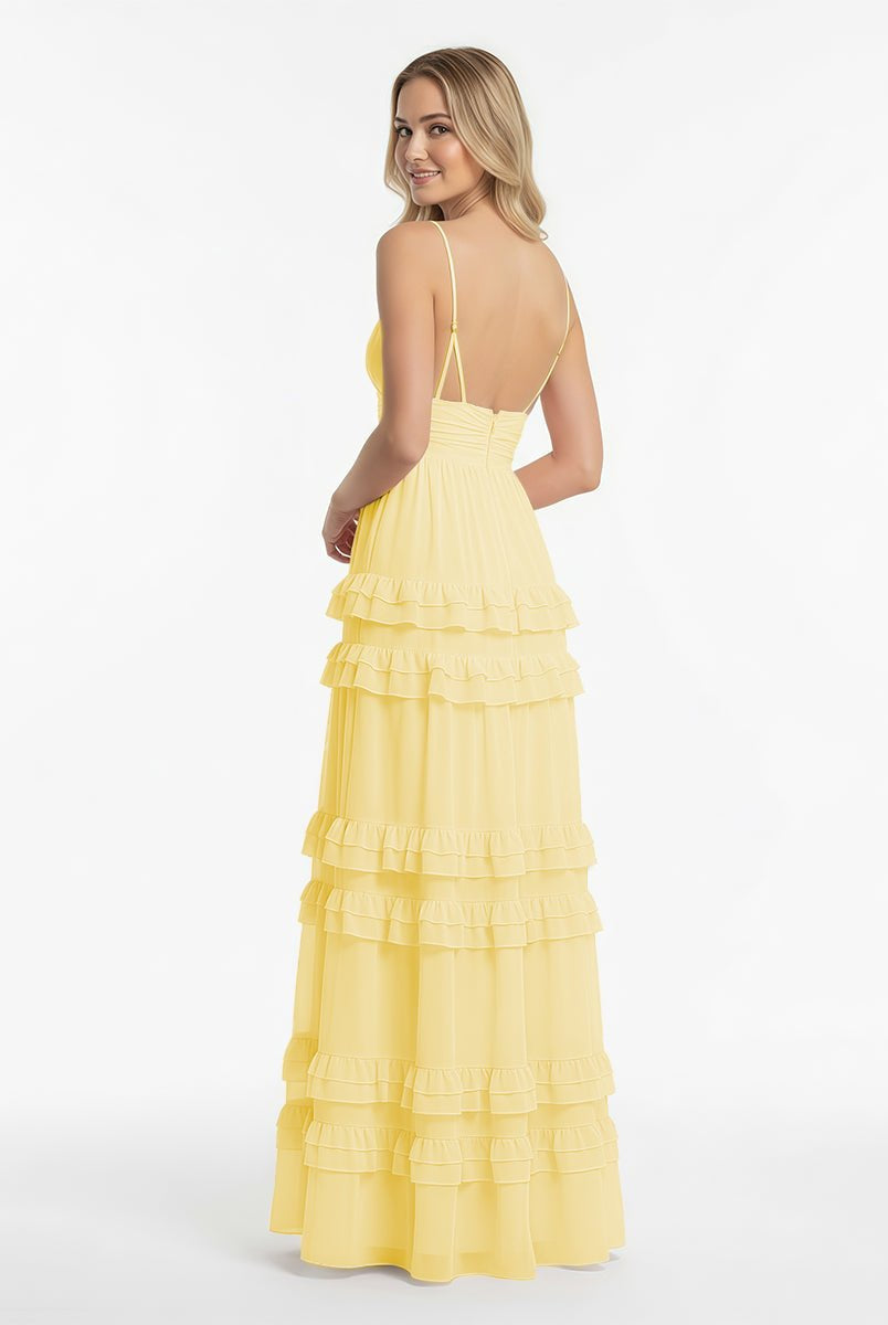 Decebal | A Line Pink Chiffon Tiered Ruffles Long Prom Dress - KissProm