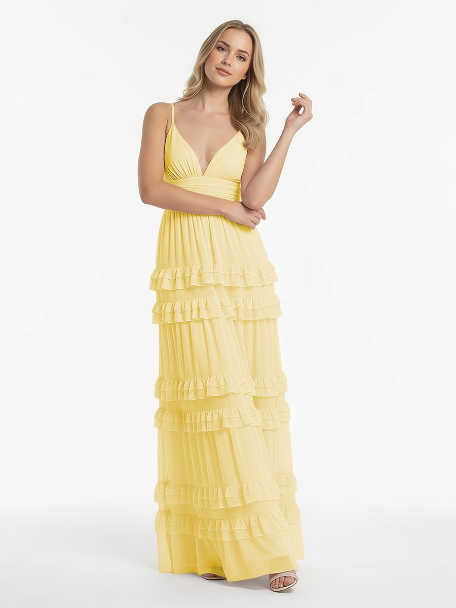 Decebal | A Line Pink Chiffon Tiered Ruffles Long Prom Dress - KissProm