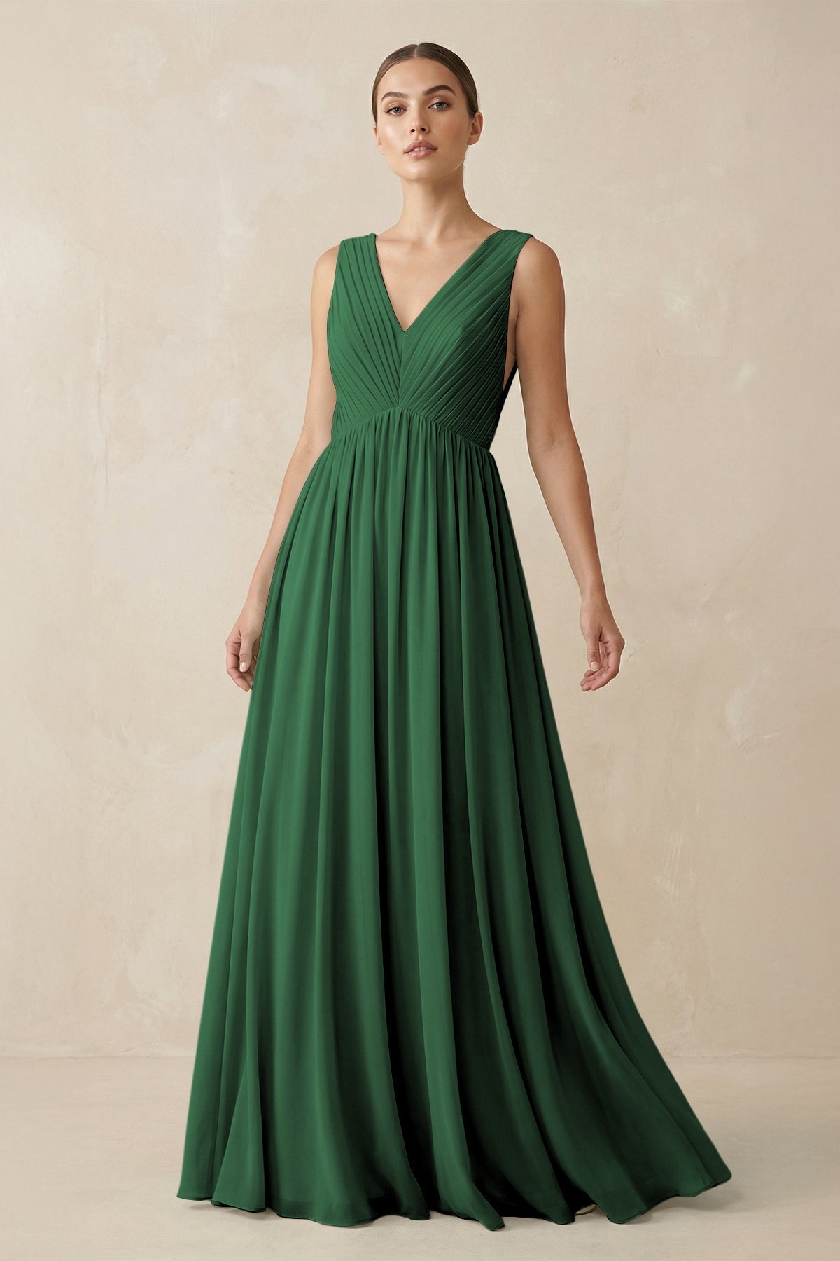 KissProm V-Neck Pleated A-Line Chiffon Bridesmaid Dress in Dark Green, Dark Green / 8