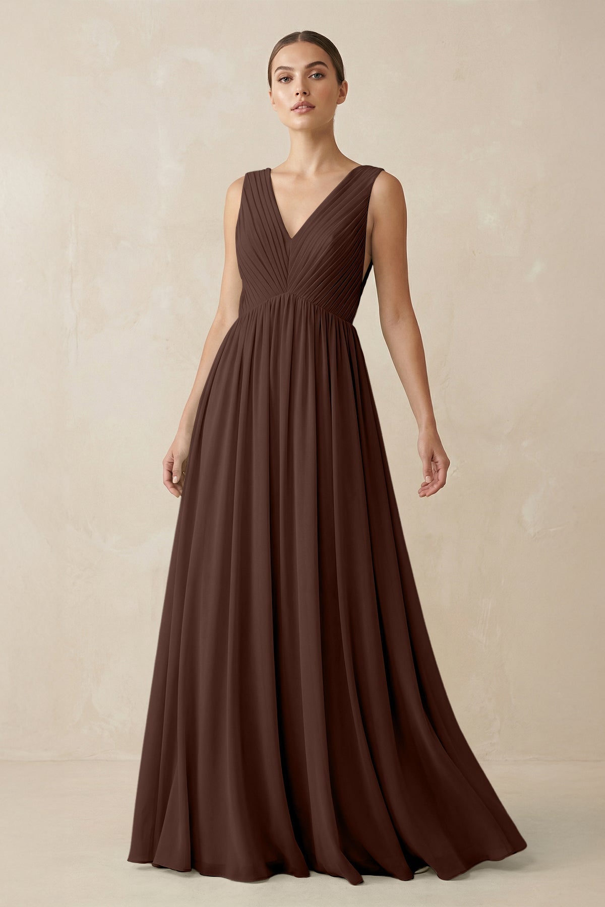 KissProm V-Neck Pleated A-Line Chiffon Bridesmaid Dress in Espresso, Espresso / Custom Size( Free )