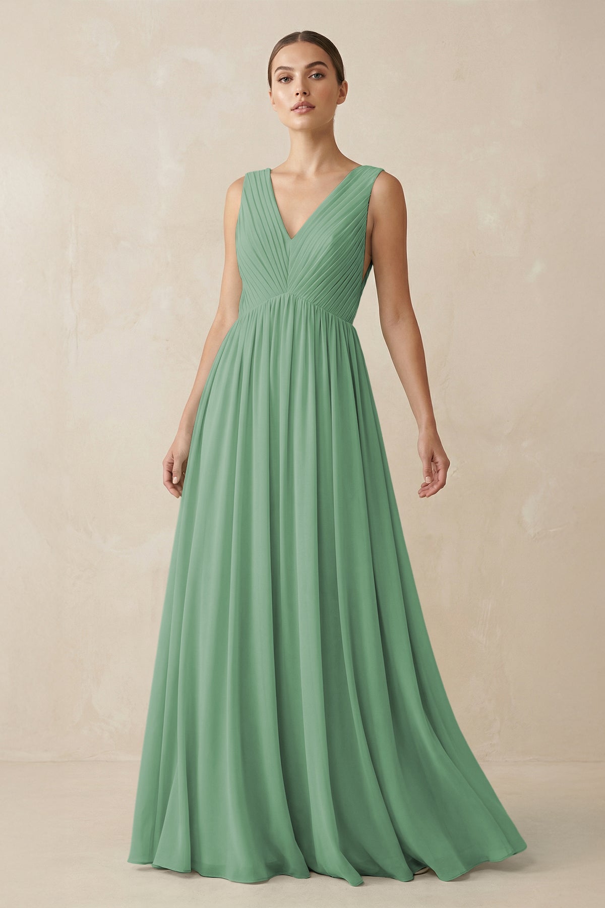 KissProm V-Neck Pleated A-Line Chiffon Bridesmaid Dress in Sea Glass, Sea Glass / 12