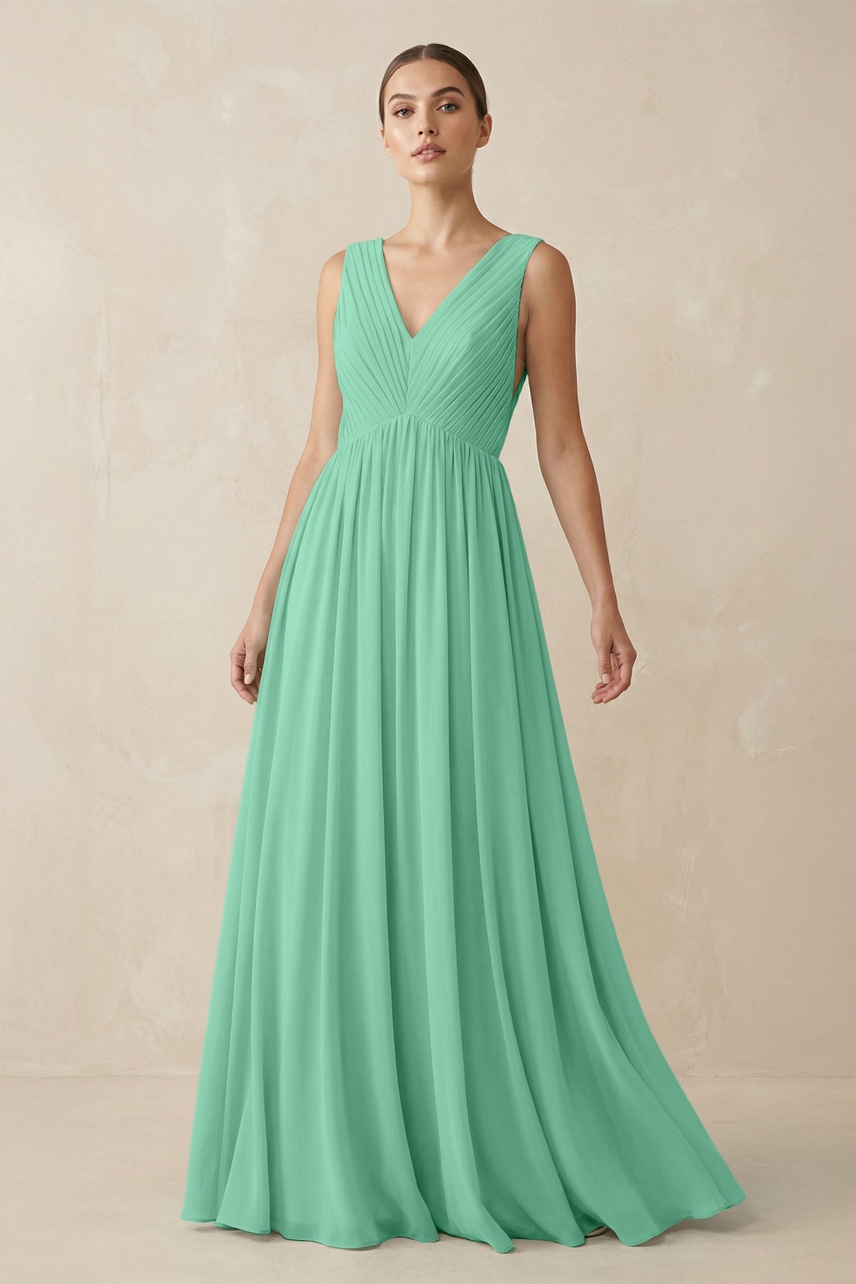 KissProm V-Neck Pleated A-Line Chiffon Bridesmaid Dress in Turquoise, Turquoise / 4