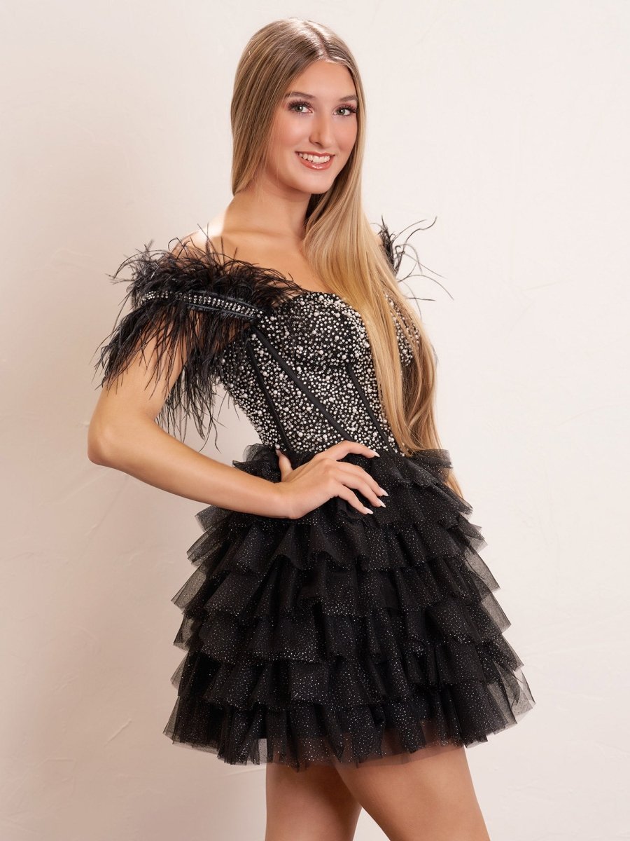 Delia |A Line Off the Shoulder Beaded Homecoming Dress with Feathers