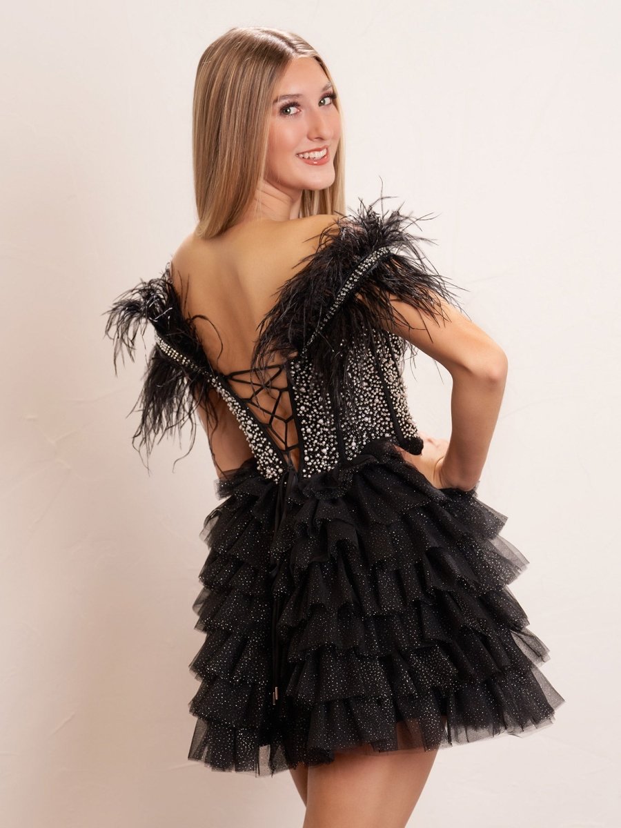 Delia |A Line Off the Shoulder Beaded Homecoming Dress with Feathers