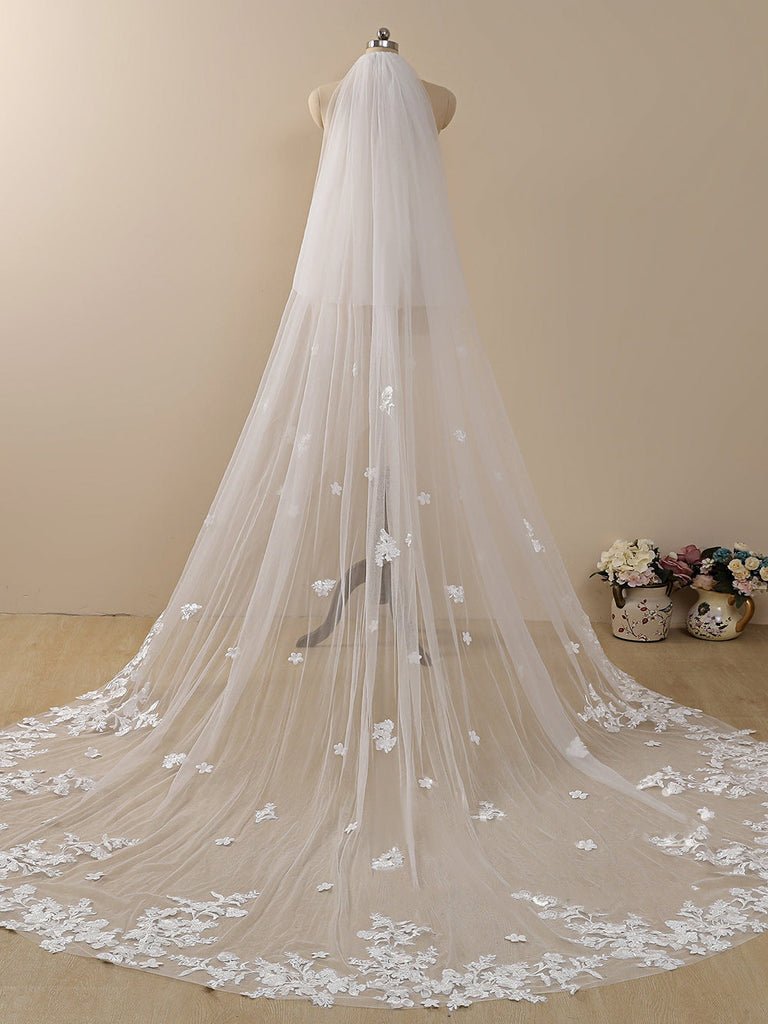 Delicate Flower Lace Cathedral Veil Bridal Veil Wedding Veil - KissProm