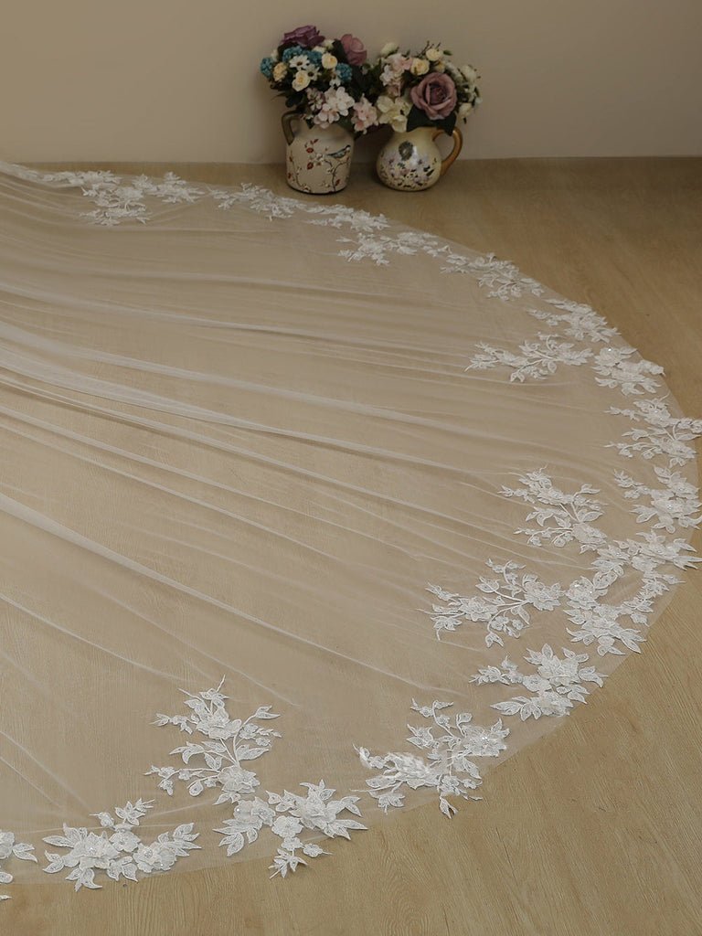 Delicated Flower Lace Cathedral Veil Bridal Veil Wedding Veil - KissProm