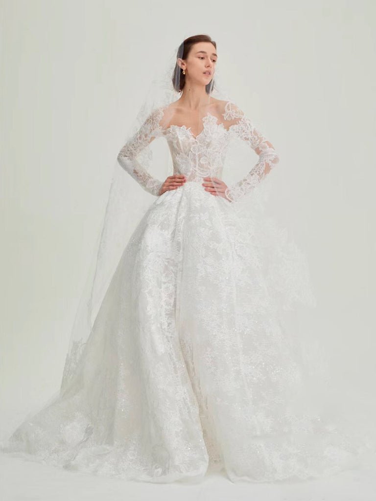 Delicated Lace Traditional Drop Veils Ivory Tulle & Lace Wedding Veil - KissProm