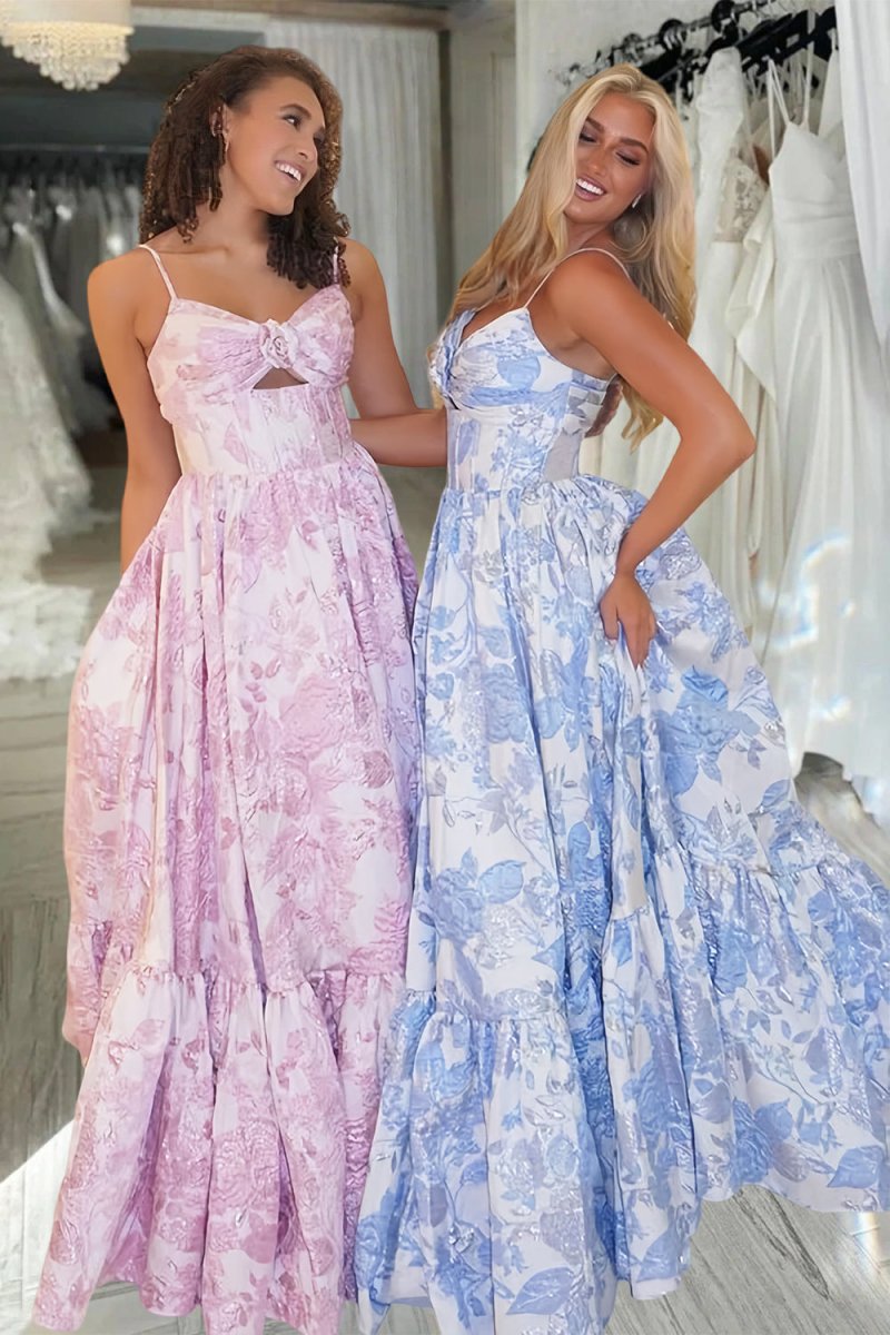 Delina | Blue - A - Line Spaghetti Straps Floral Jacquard Satin Long Prom Dresses with Keyhole - KissProm
