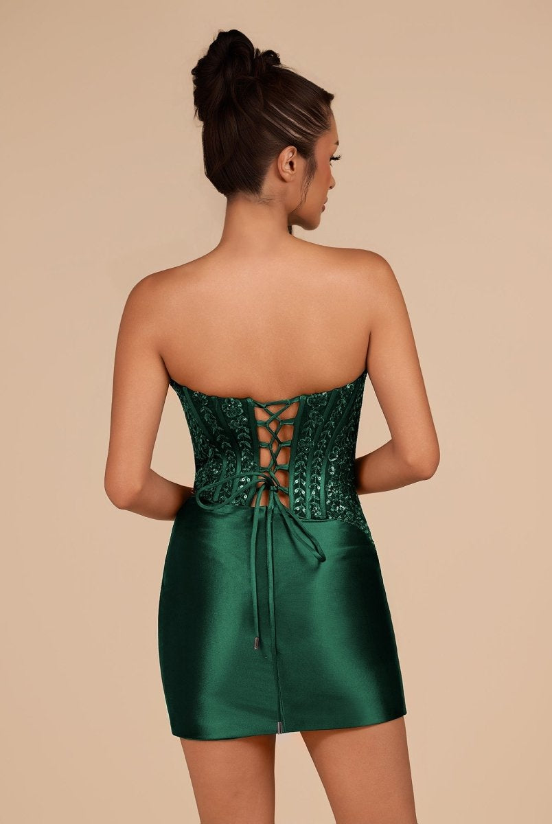 Delmira | Black - Strapless Bodycon Satin Pleated Short Homecoming Dresses With Beading - KissProm