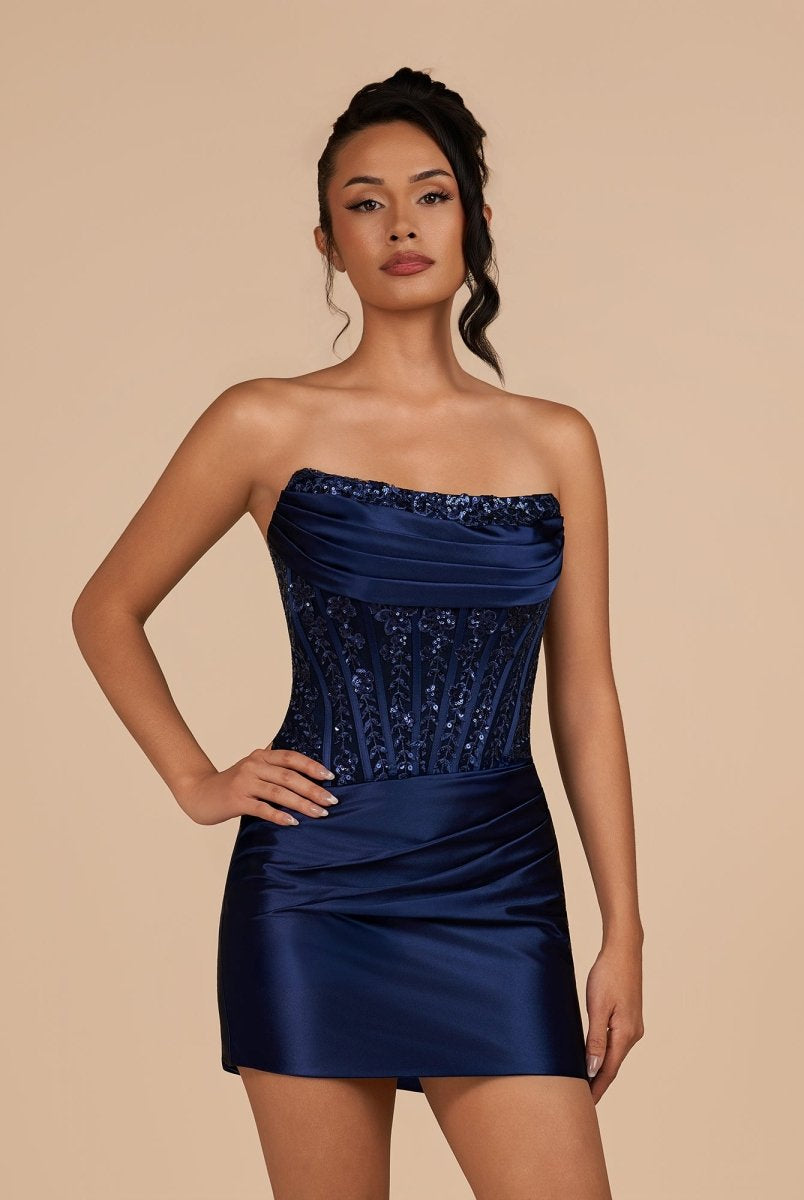 Delmira | Navy Blue - Strapless Bodycon Satin Pleated Short Homecoming Dresses With Beading