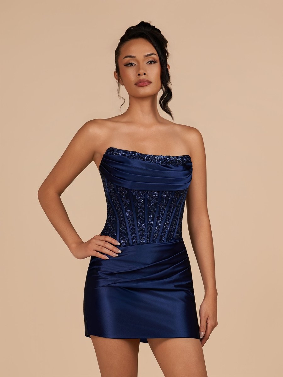 Delmira | Navy Blue - Strapless Bodycon Satin Pleated Short Homecoming Dresses With Beading