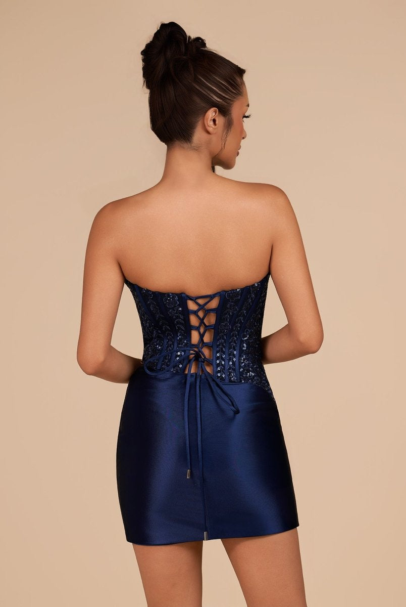 Delmira | Navy Blue - Strapless Bodycon Satin Pleated Short Homecoming Dresses With Beading
