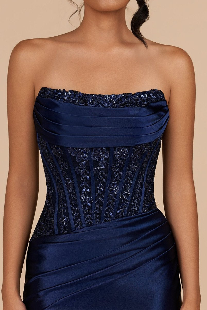 Delmira | Navy Blue - Strapless Bodycon Satin Pleated Short Homecoming Dresses With Beading