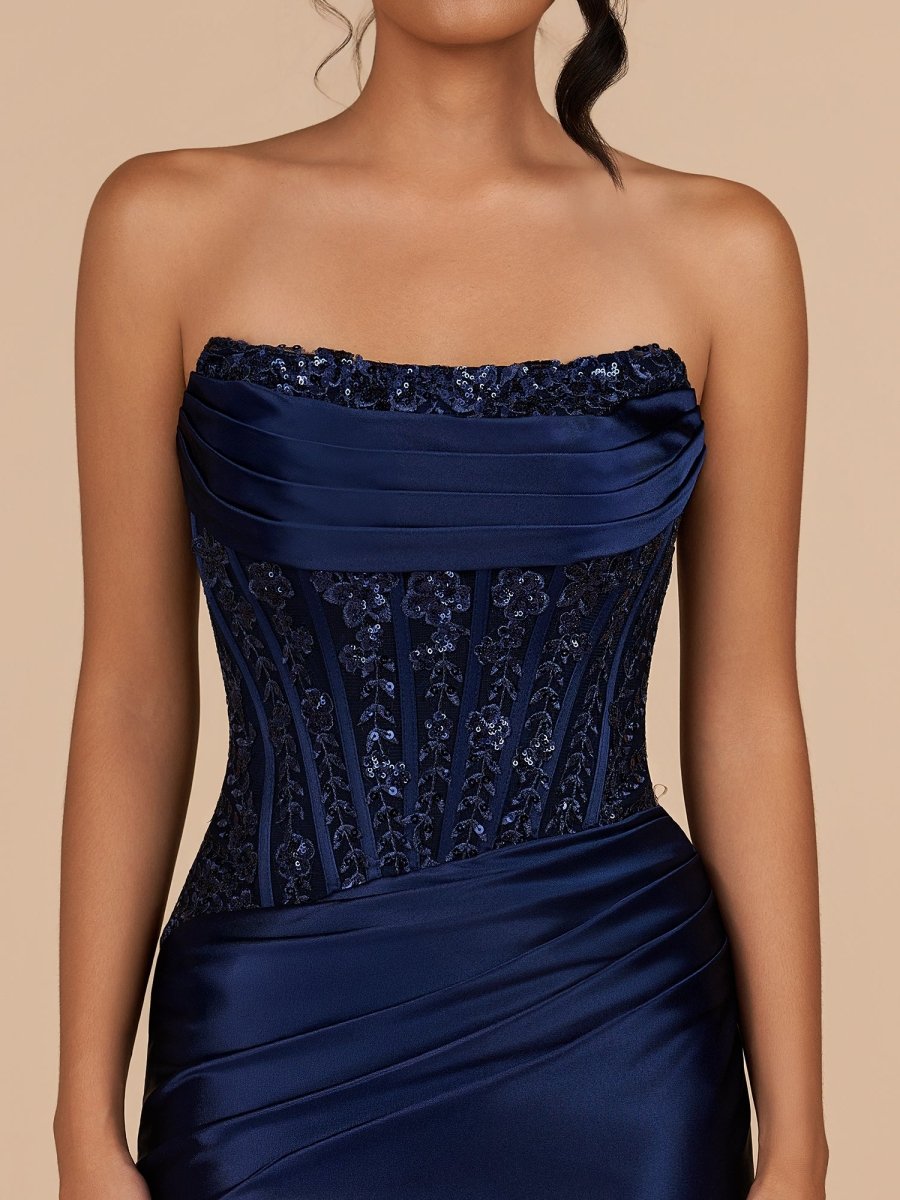 Delmira | Navy Blue - Strapless Bodycon Satin Pleated Short Homecoming Dresses With Beading