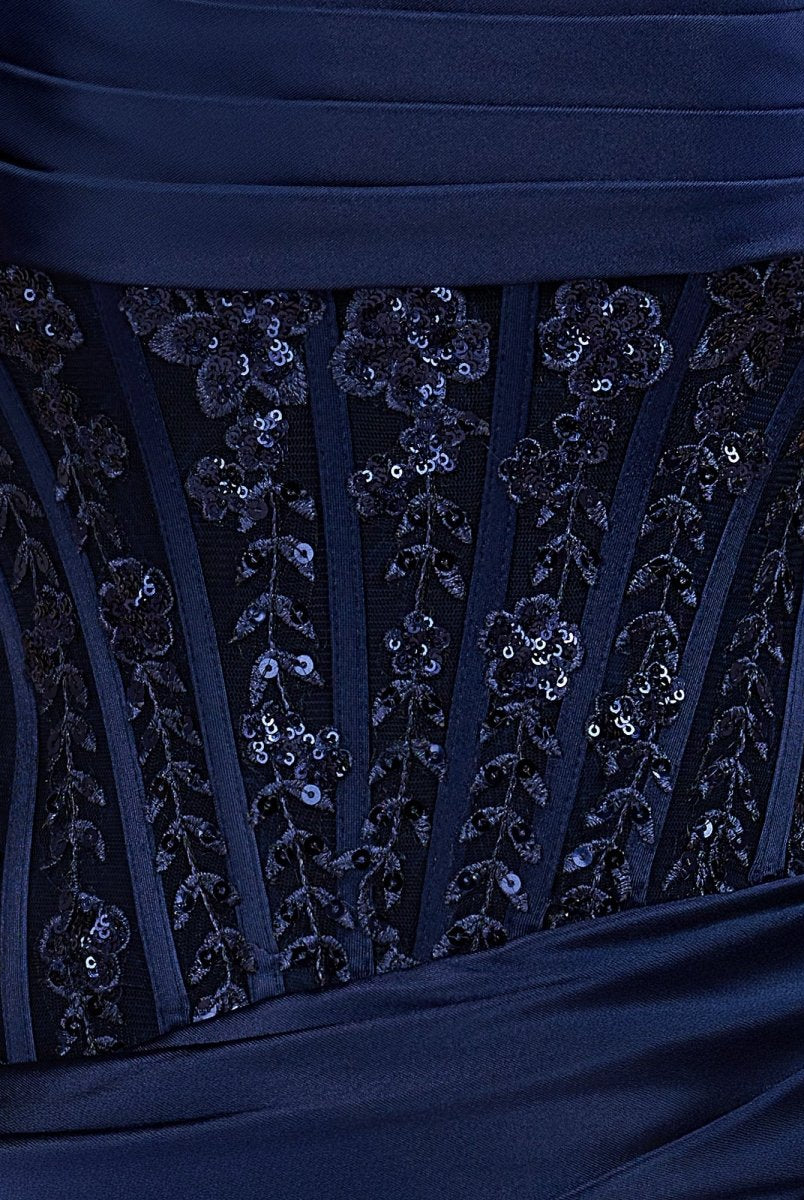 Delmira | Navy Blue - Strapless Bodycon Satin Pleated Short Homecoming Dresses With Beading