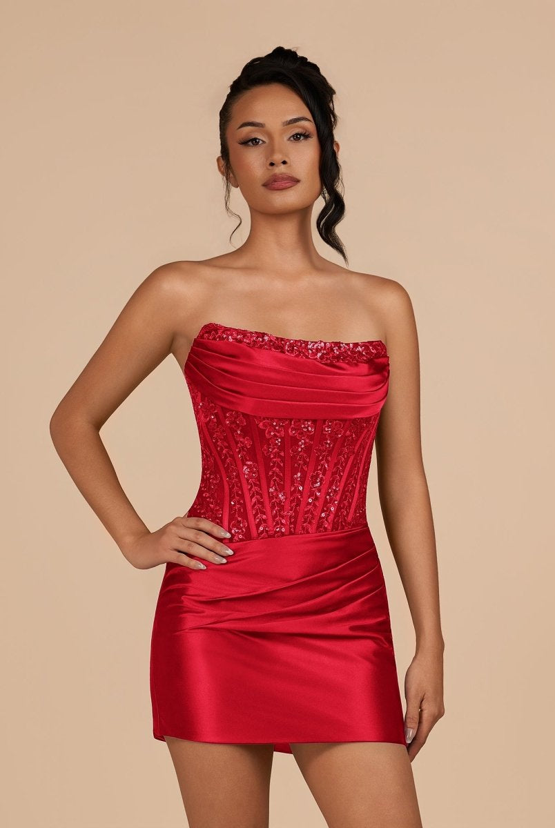 Delmira | Red - Strapless Bodycon Satin Pleated Short Homecoming Dresses With Beading