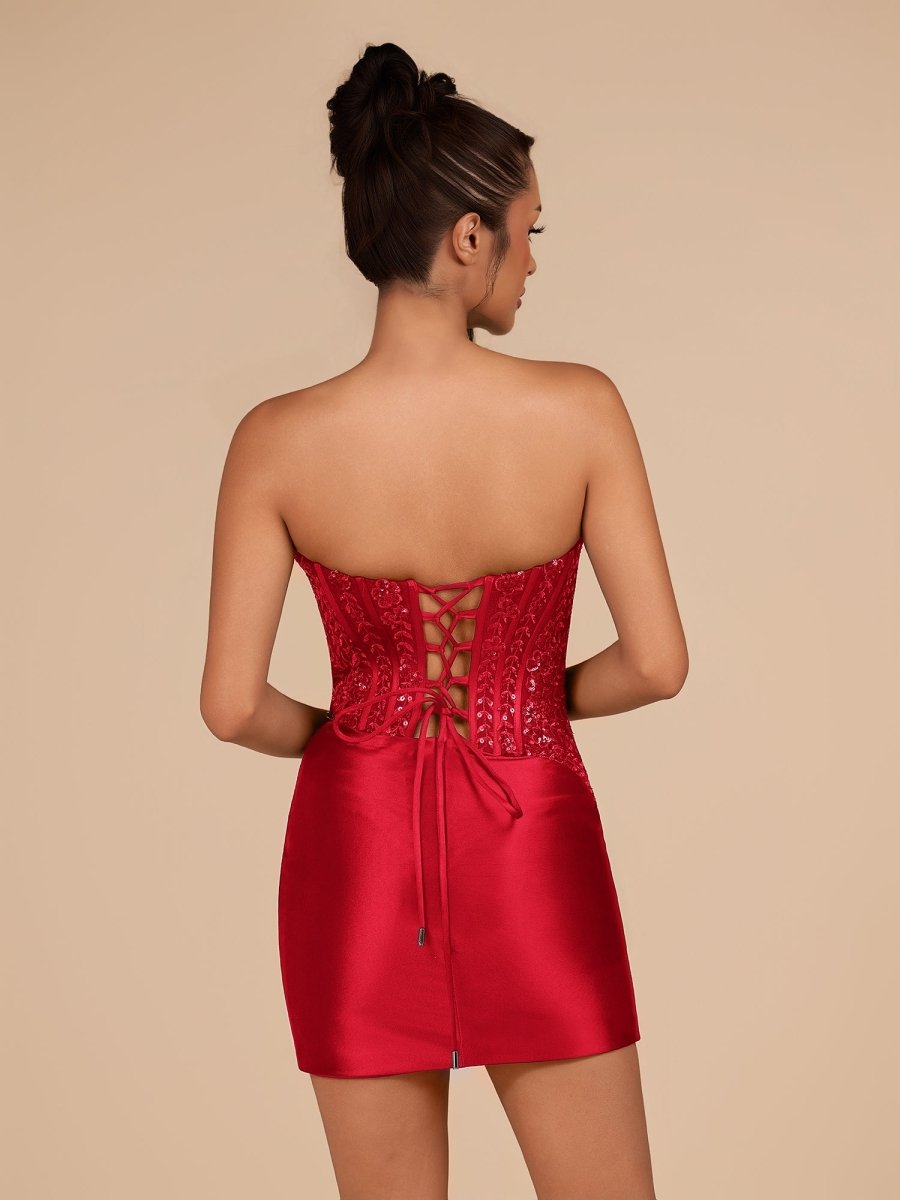 Delmira | Red - Strapless Bodycon Satin Pleated Short Homecoming Dresses With Beading