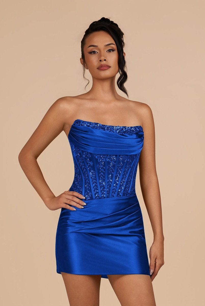 Delmira | Royal Blue - Strapless Bodycon Satin Pleated Short Homecoming Dresses With Beading