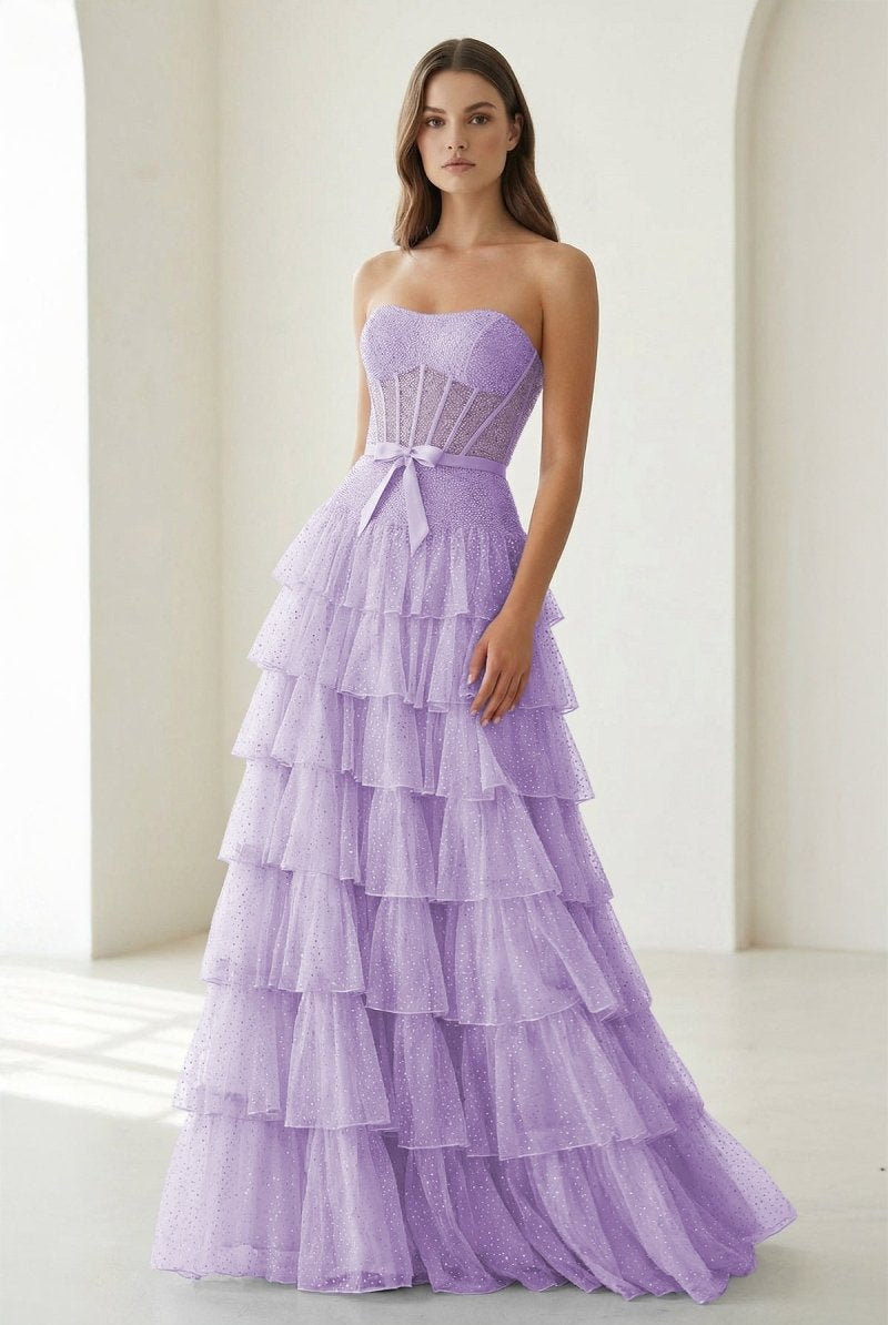 Deloria | Lavender - Strapless A Line Tulle Ruffled Formal Prom Dresses With Beading-KissProm