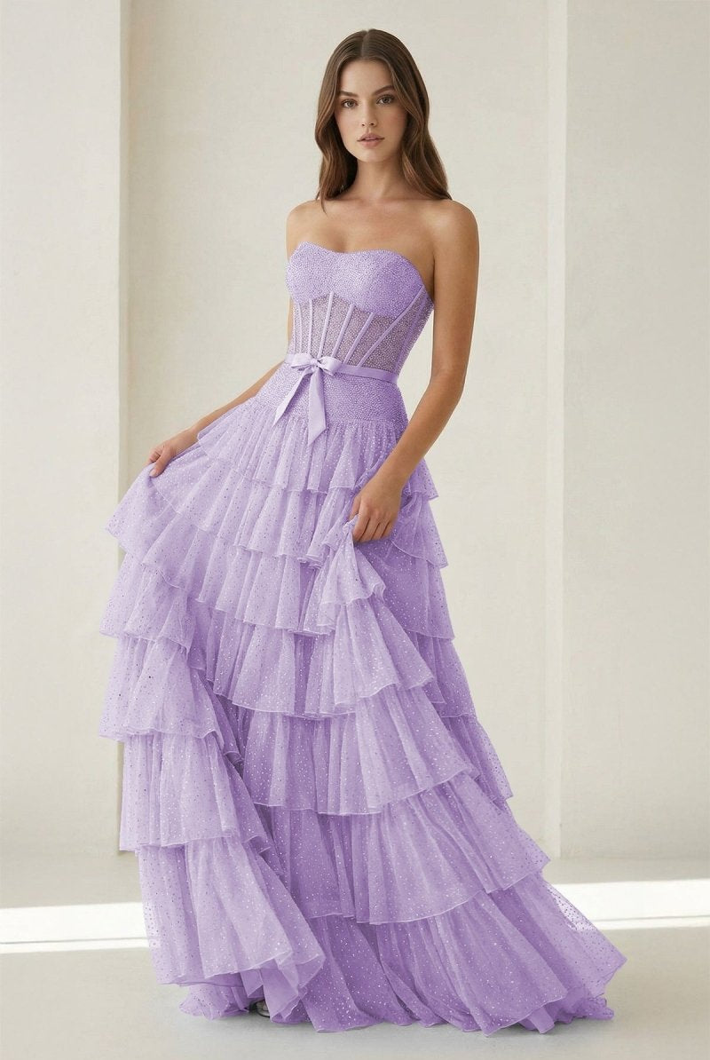Deloria | Lavender - Strapless A Line Tulle Ruffled Formal Prom Dresses With Beading-KissProm