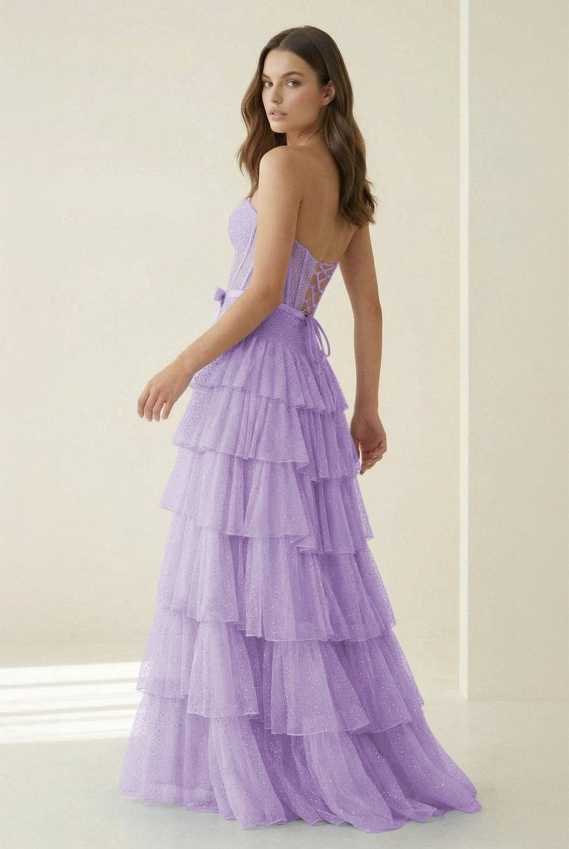 Deloria | Lavender - Strapless A Line Tulle Ruffled Formal Prom Dresses With Beading-KissProm