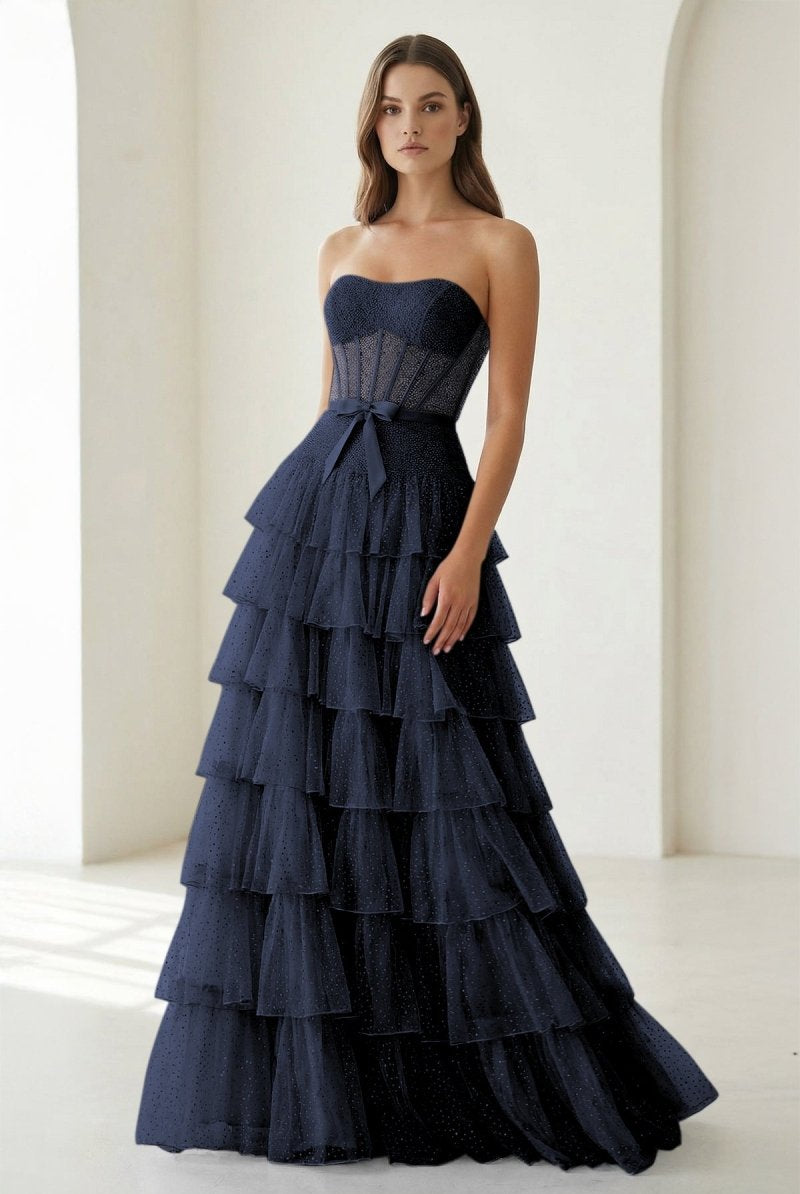 Deloria | Navy Blue - Strapless A Line Tulle Ruffled Formal Prom Dresses With Beading-KissProm