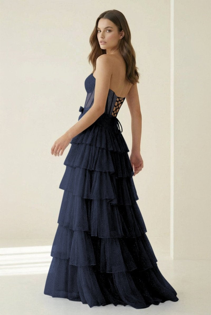 Deloria | Navy Blue - Strapless A Line Tulle Ruffled Formal Prom Dresses With Beading-KissProm