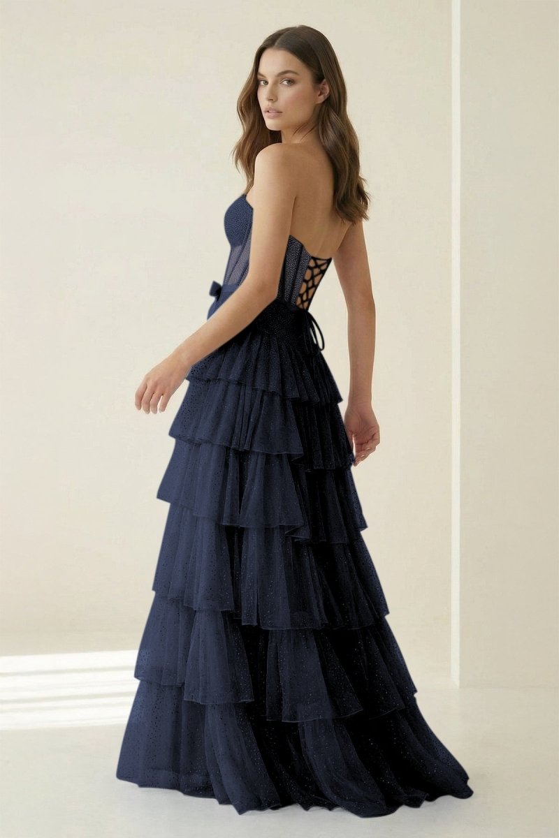 Deloria | Navy Blue - Strapless A Line Tulle Ruffled Formal Prom Dresses With Beading-KissProm