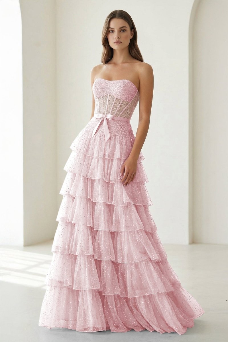 Deloria | Pink - Strapless A Line Tulle Ruffled Formal Prom Dresses With Beading-KissProm