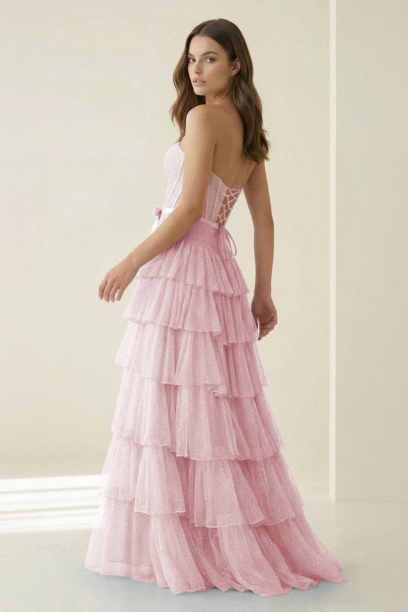 Deloria | Pink - Strapless A Line Tulle Ruffled Formal Prom Dresses With Beading-KissProm