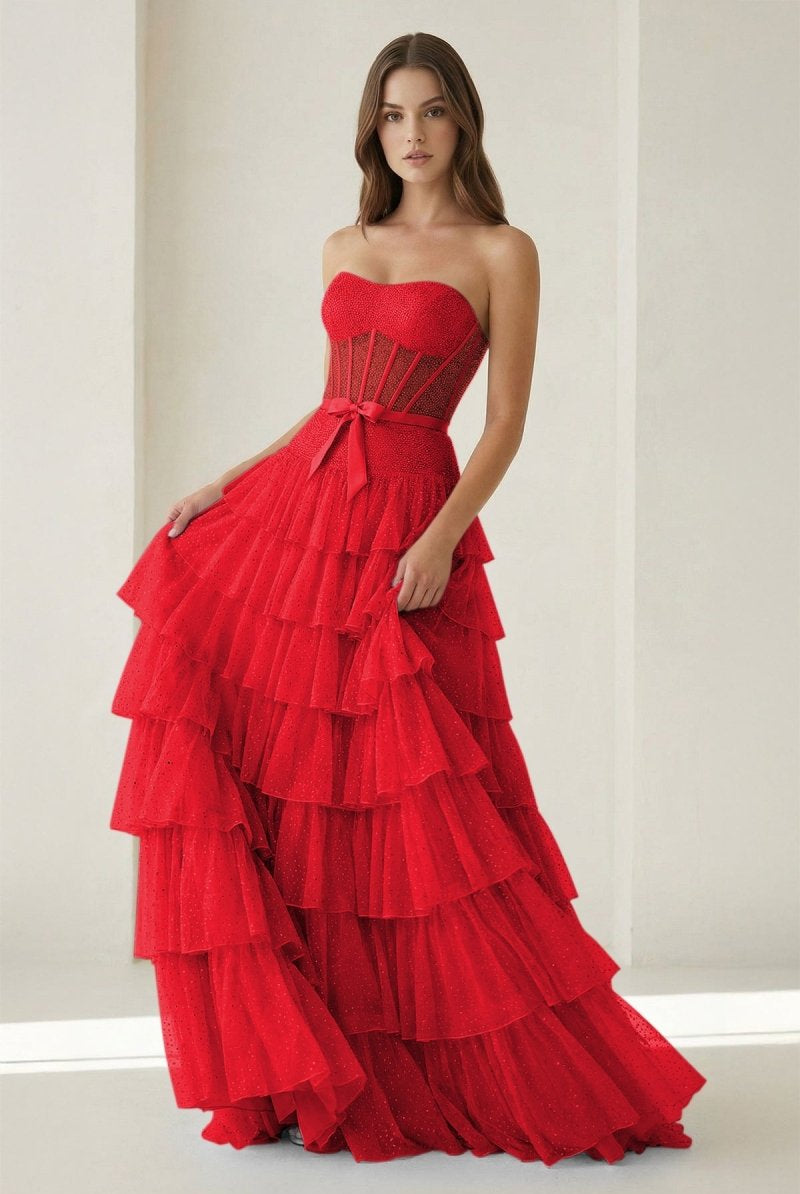 Deloria | Red - Strapless A Line Tulle Ruffled Formal Prom Dresses With Beading-KissProm