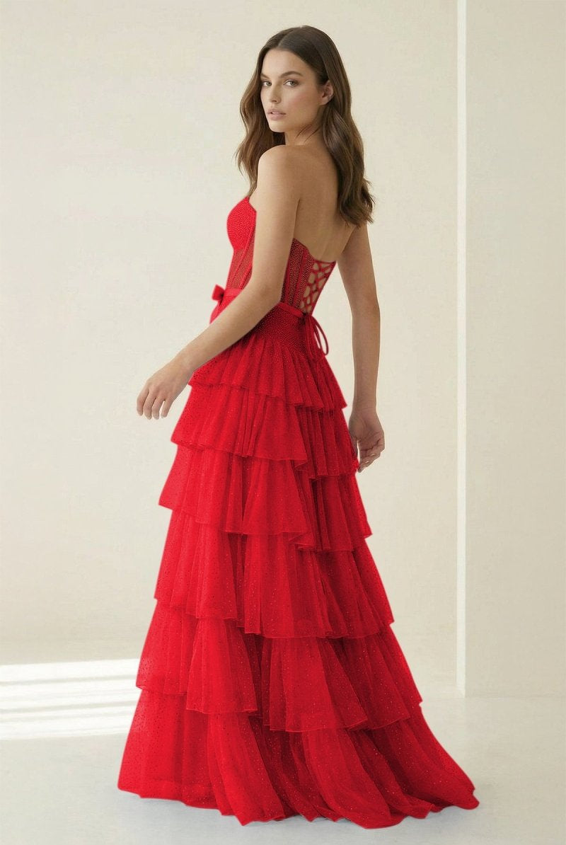 Deloria | Red - Strapless A Line Tulle Ruffled Formal Prom Dresses With Beading-KissProm