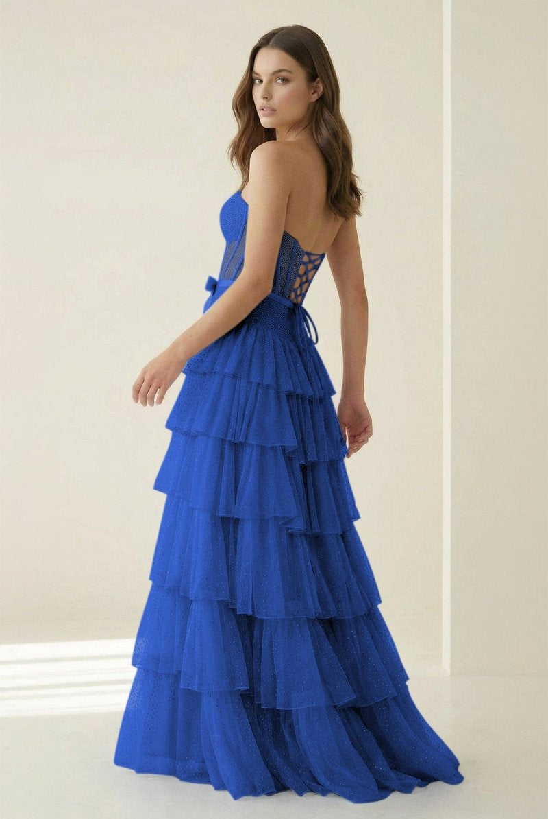 Deloria | Royal Blue - Strapless A Line Tulle Ruffled Formal Prom Dresses With Beading-KissProm