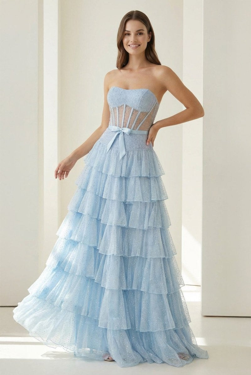 Deloria | Sky Blue - Strapless A Line Tulle Ruffled Formal Prom Dresses With Beading - KissProm